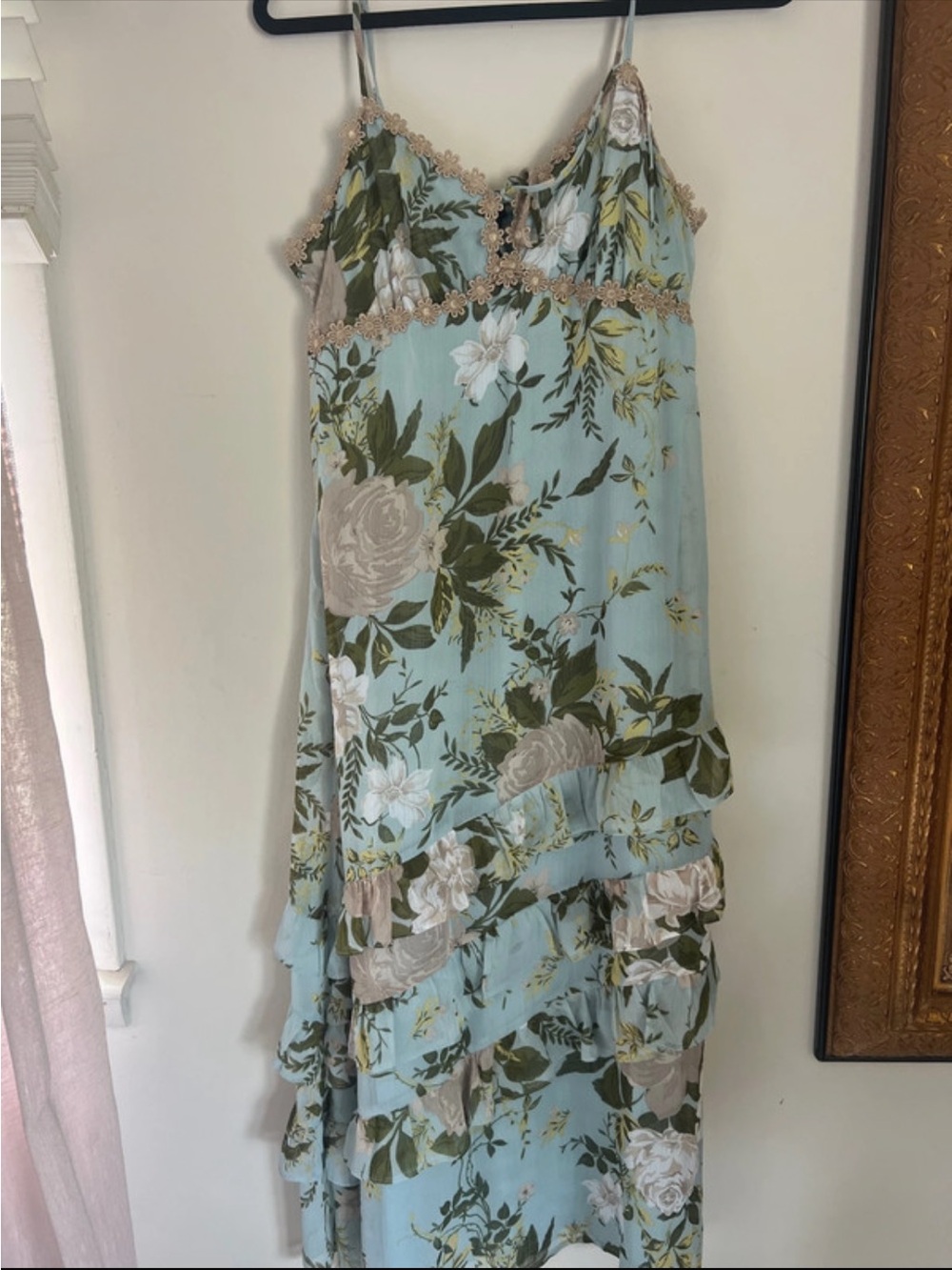 wild fable Light Blue Floral Maxi Slip Dress with Lace Trim